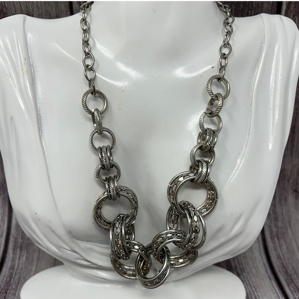 Boho Silver Tone Necklace Multiple Interconnected Rings Statement‎
